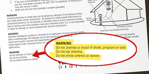 Antenna installation instruction leaflet with warning for rednecks